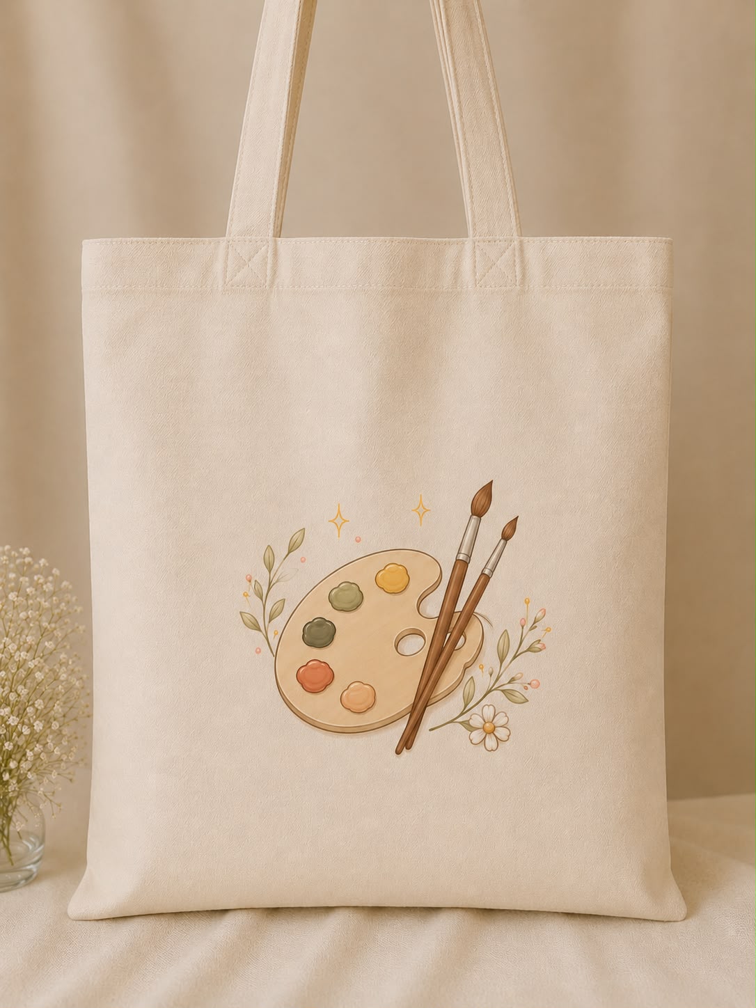 Artsy Tote — cream canvas tote with a paint palette and brushes design