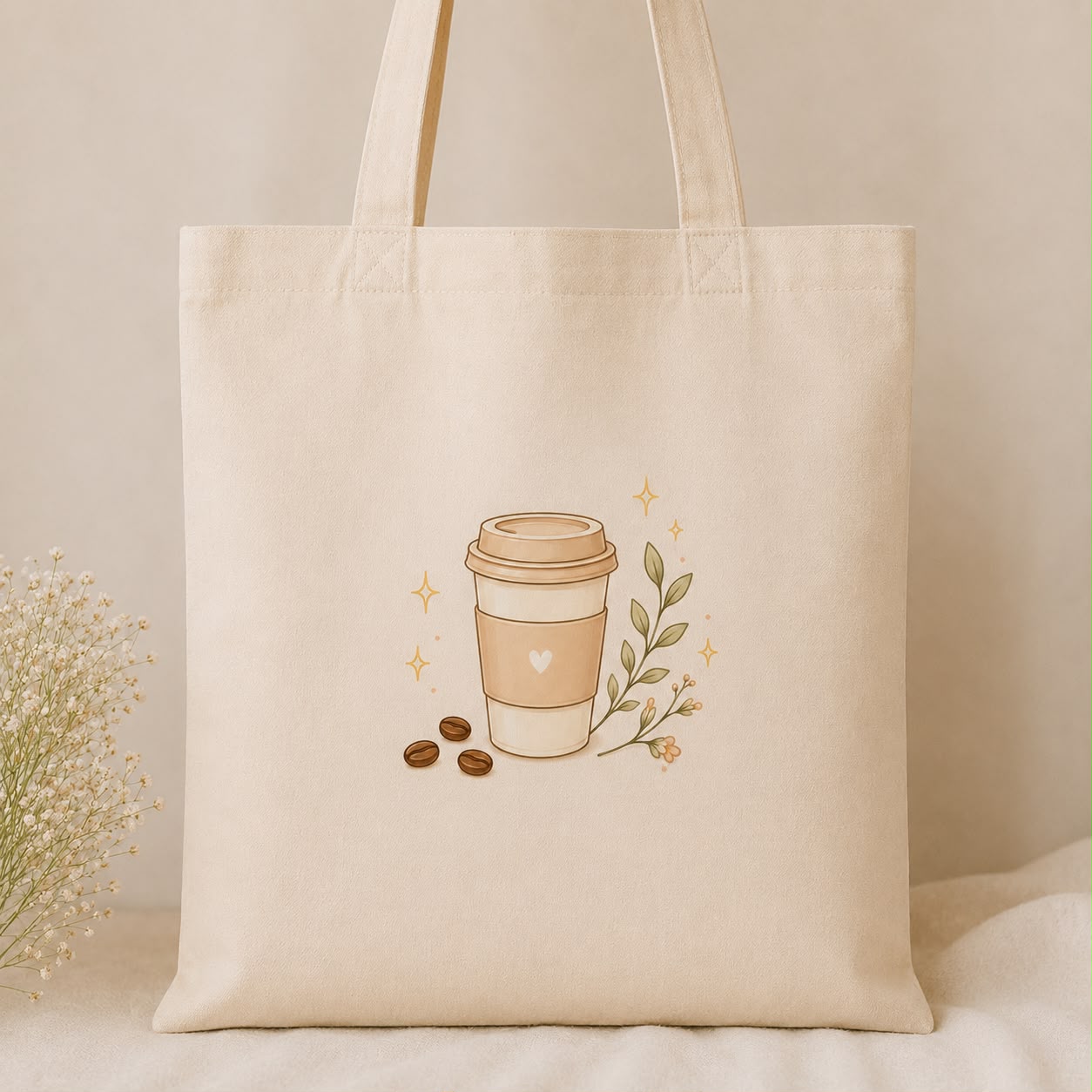 Coffee Lover Tote — cream canvas tote with a coffee cup and beans design