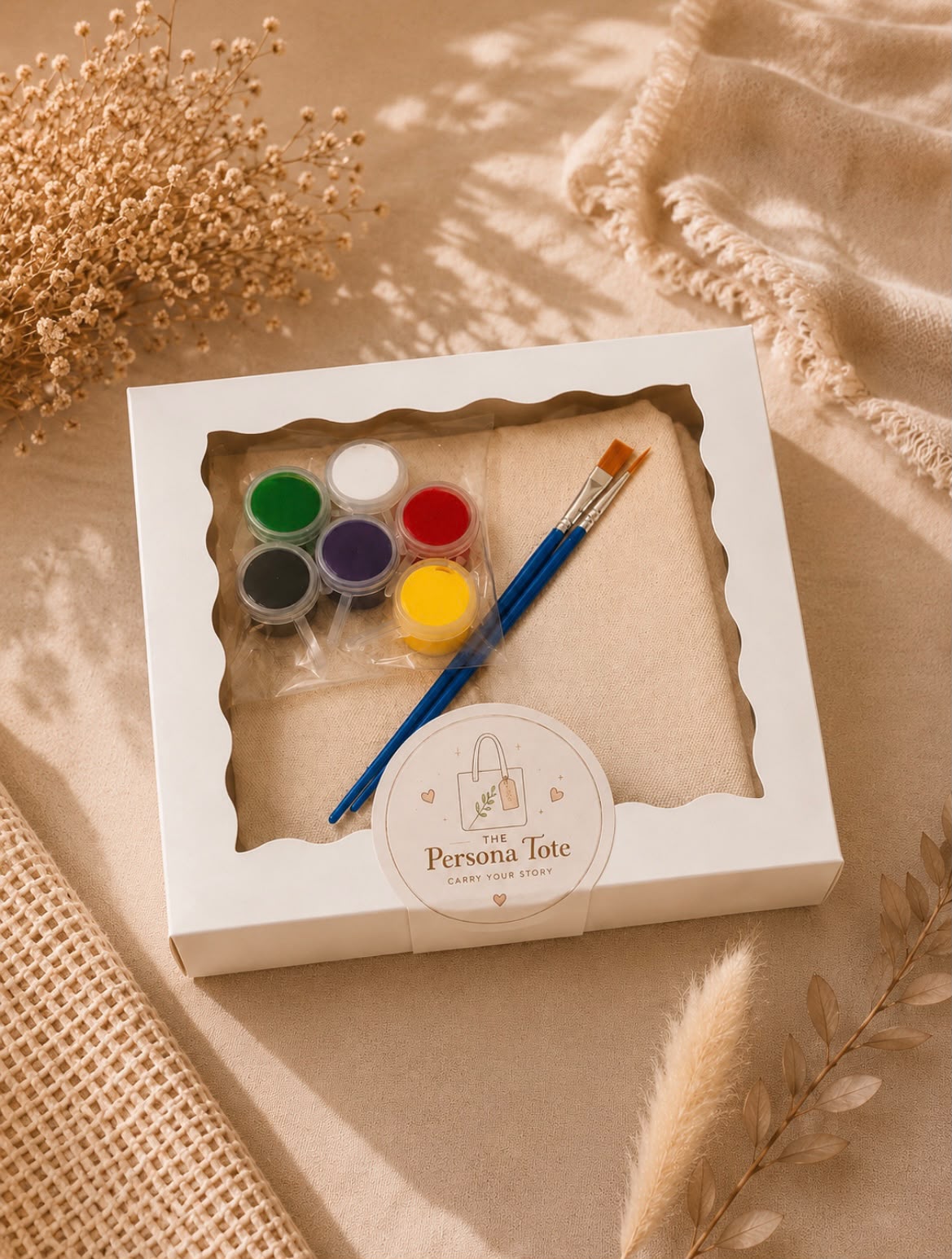 Paint-your-own DIY tote kit — cotton tote, fabric paints and brushes in a white gift box