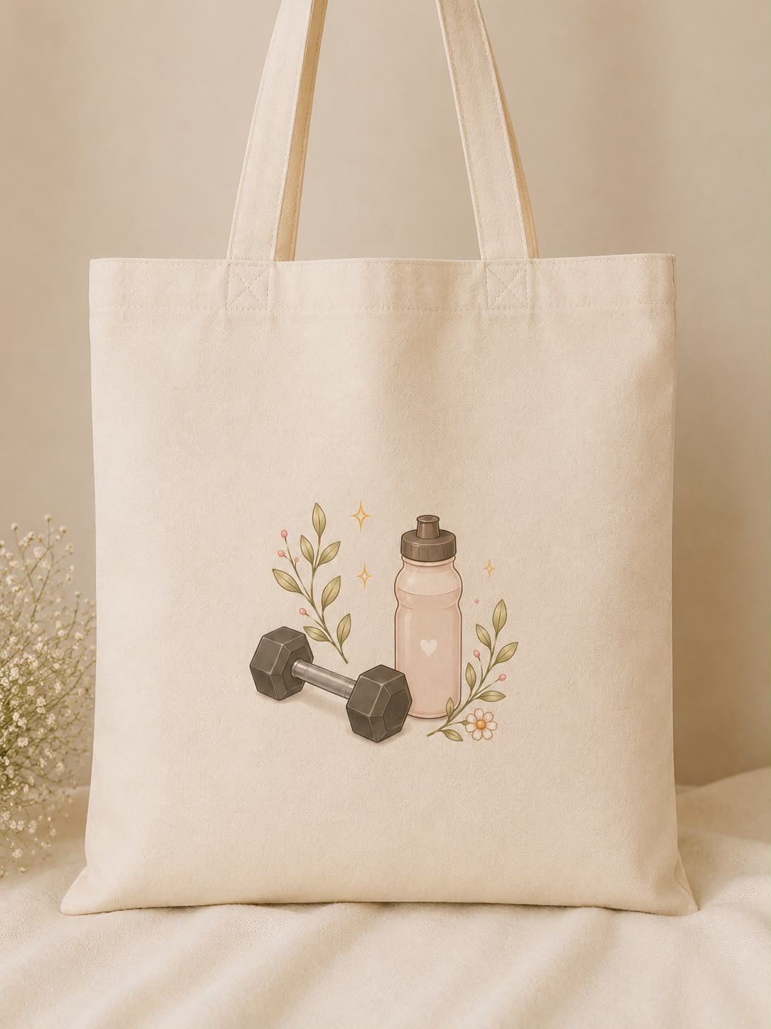 Gym Tote — cream canvas tote with a dumbbell and water bottle design