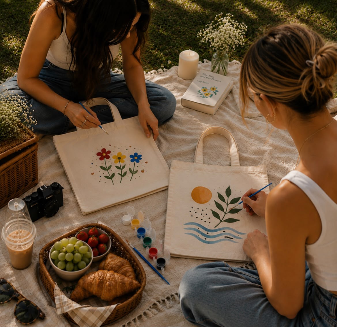 Two women painting fabric tote bags together at a picnic