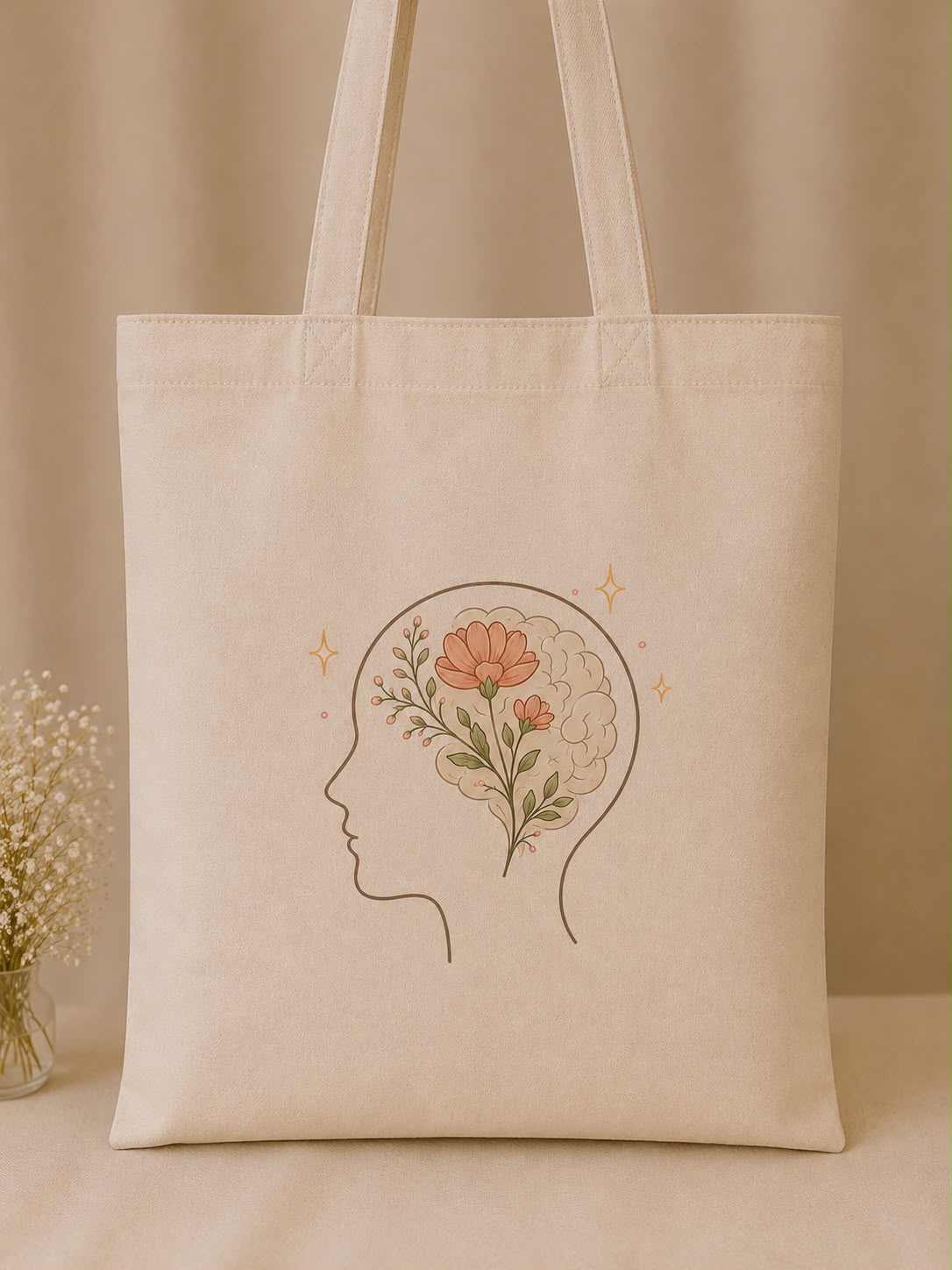 Psychology Tote — cream canvas tote with a floral mind/head silhouette design