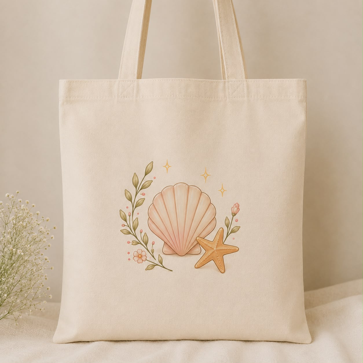 Sea Lover Tote — cream canvas tote with a seashell and starfish design