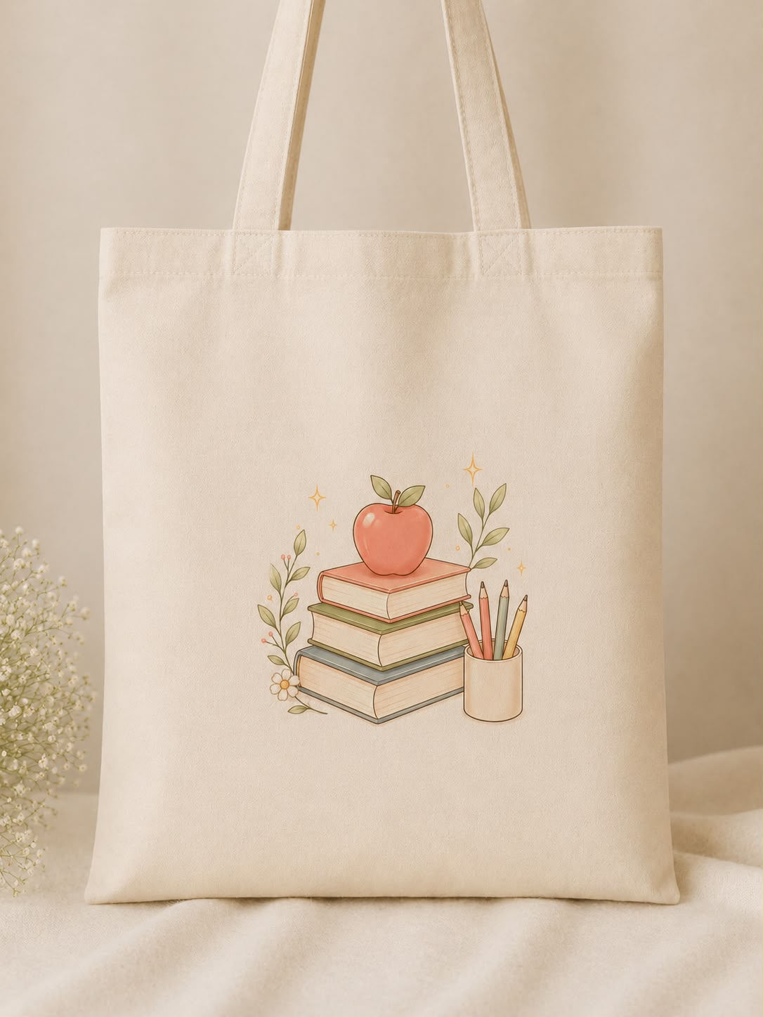 Teacher Tote — cream canvas tote with an apple, stacked books and colored pencils design